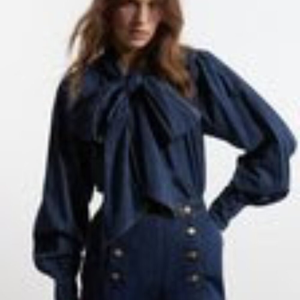 Karen Millen Denim Pussybow Denim Blouse NWT 2 $60
